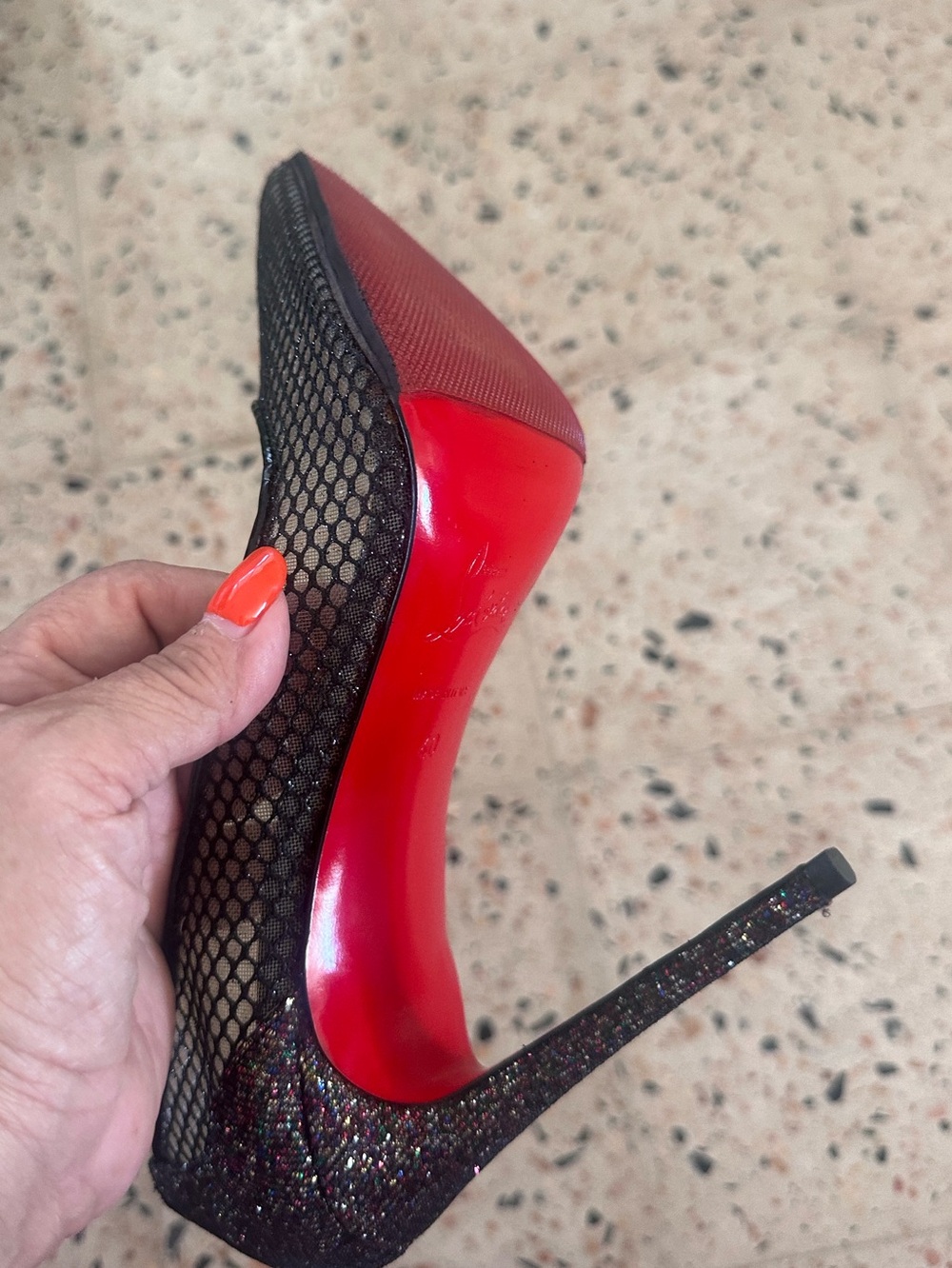 Christian Louboutin Black Glitter Mesh Pumps with Red Soles - Picture 5 of 9